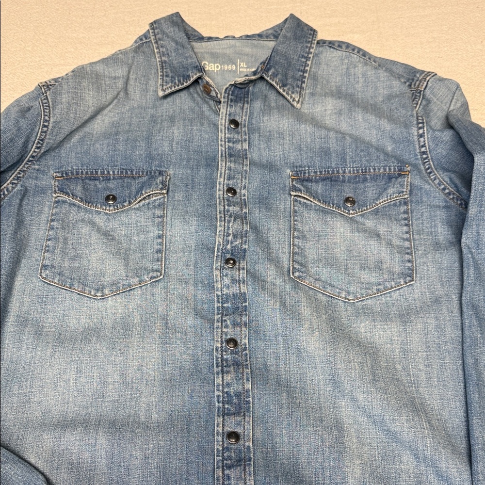 GAP Blue Denim Snap Front Shirt - Picture 6 of 9